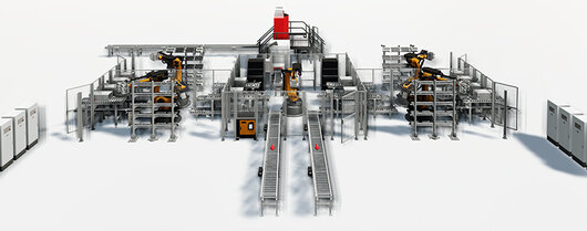 Simulation Motorblock-Fertigung inkl. Frässtationen mit Robotern und Fördertechnik Screenshot: Simulation Motorblock-Fertigung inkl. Frässtationen mit Robotern und Fördertechnik