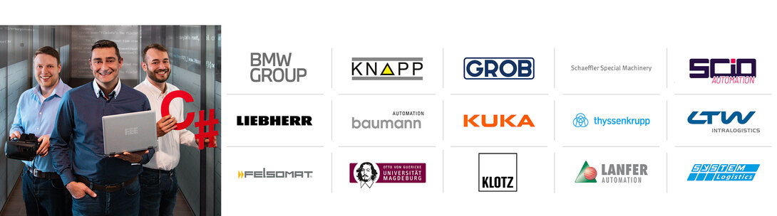 fe.screen-sim Referenzen zur Virtuellen Inbetriebnahme fe.screen-sim Referenzen-Logos und ein Teil des Teams zur Virtuellen Inbetriebnahme Softwareprogrammierung