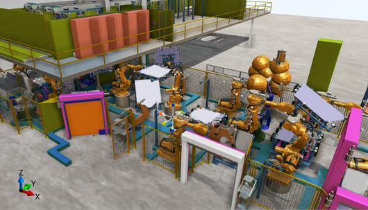 Screenshot einer Anlage in fe.screen-sim, importiert aus CAD-Daten Screenshot einer Anlage in fe.screen-sim, importiert aus CAD-Daten