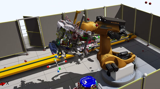 Simulation einer Roboterzelle mit fe.screen-sim Virtuelle Inbetriebnahme mit fe.screen-sim: Screenshot Simulation einer Roboterzelle