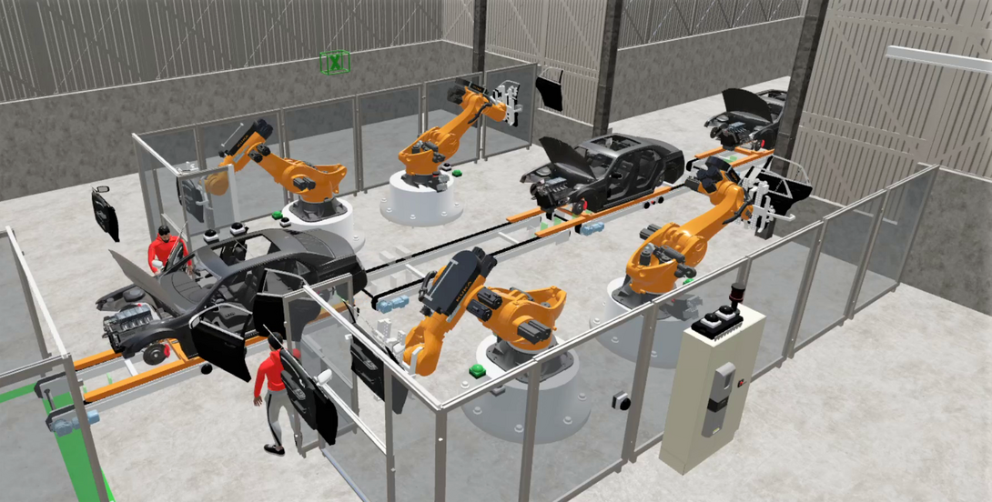 Screenshot: Simulation einer Automobilbau-Roboteranlage in fe.screen-sim